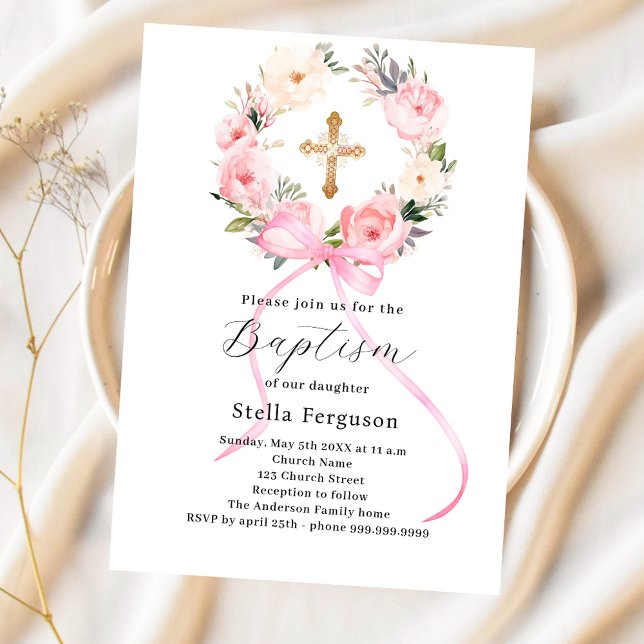 Pink floral wreath bow cross girl baptism invitation (Creator Uploaded)