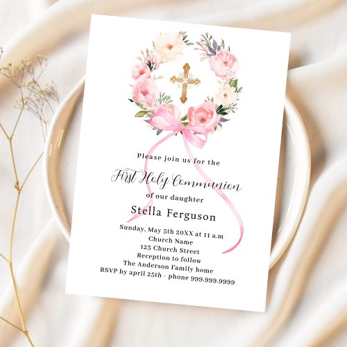 Pink floral wreath bow cross girl First Communion