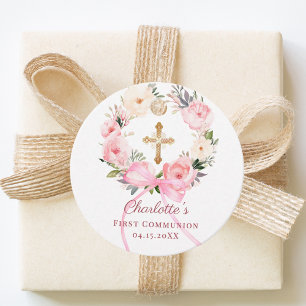 Pink floral wreath bow First Communion DIY Favor Tags