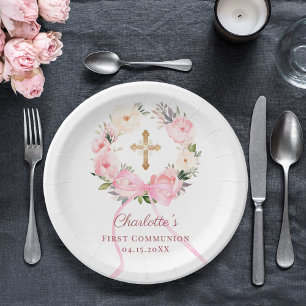 Pink floral wreath bow First Communion Paper Plates