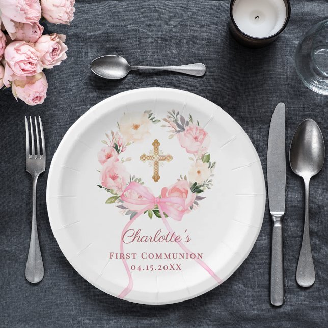 Pink floral wreath bow First Communion Paper Plates (Creator Uploaded)
