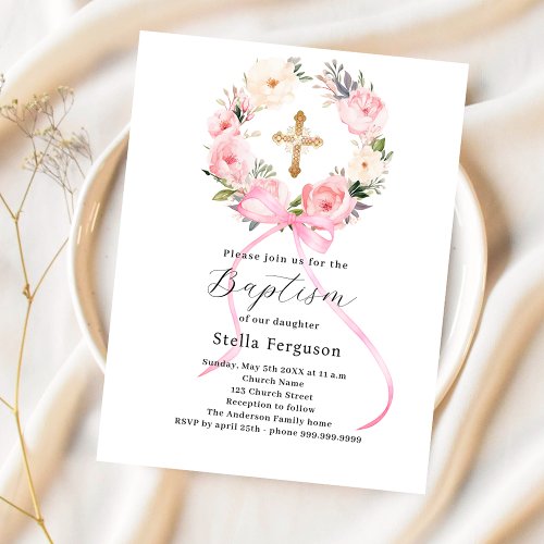 Pink floral wreath bow girl baptism invitation