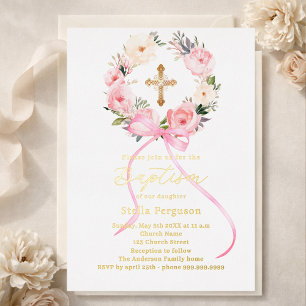 Pink floral wreath bow gold cross girl baptism foil invitation