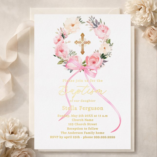 Pink floral wreath bow gold cross girl baptism foil invitation (Creator Uploaded)
