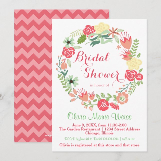Pink Floral Wreath - Bridal Shower Invite (Front/Back)