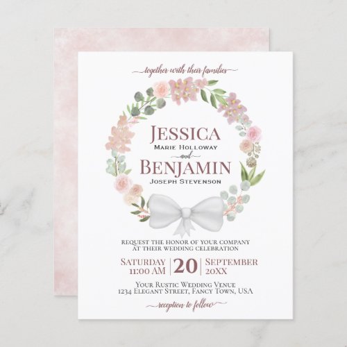 Pink Floral Wreath BUDGET Boho Wedding Invitation