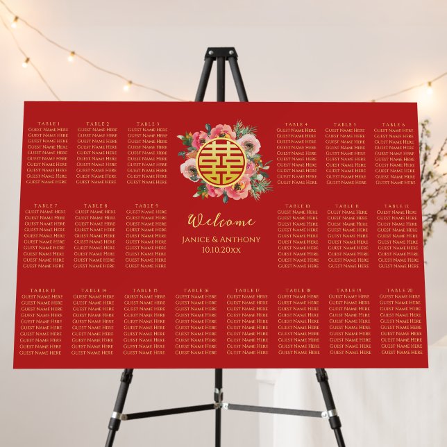 Pink floral wreath chinese wedding seating chart foam board (In Situ (Stand))