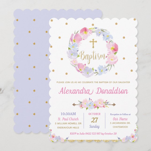 Pink Floral Wreath Christening Baptism Girl Invitation (Front/Back)
