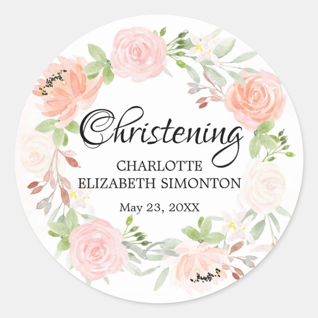 Pink Floral Wreath Christening Envelope Seal (Front)