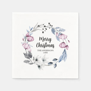 Pink Floral Wreath Christmas Napkins