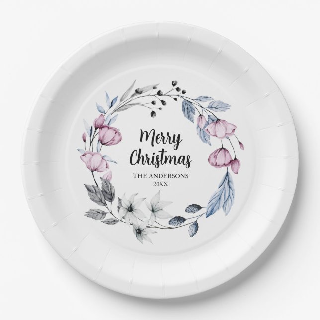 Pink Floral Wreath Christmas Paper Plates (Front)
