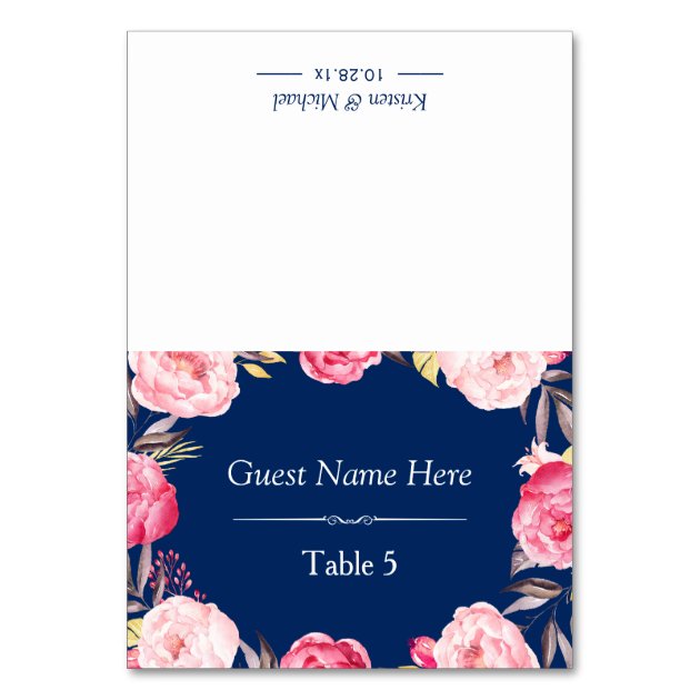 Pink Floral Wreath Classy Navy Blue Wedding Place Card