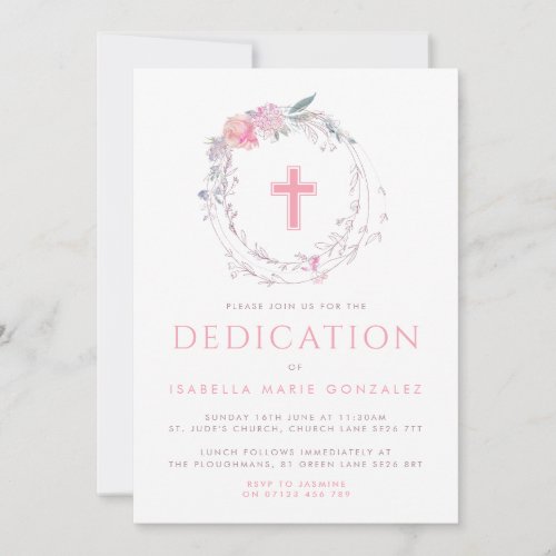 Pink Floral Wreath  Cross Baby Dedication Invitation