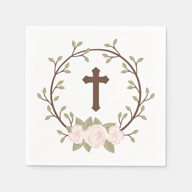 Pink Floral Wreath Cross Baptism Christening Napkins (Front)