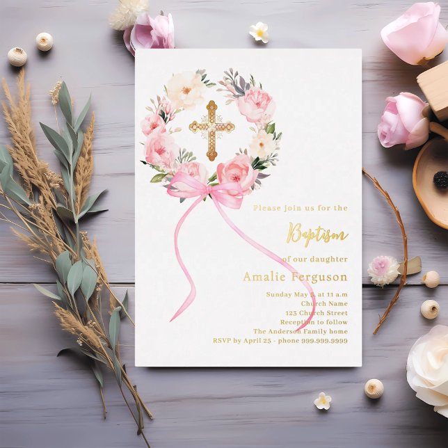 Pink floral wreath cross bow girl baptism foil invitation (Creator Uploaded)