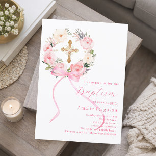 Pink floral wreath cross bow girl baptism invitation