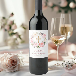 Pink floral wreath cross First Communion Wine Label