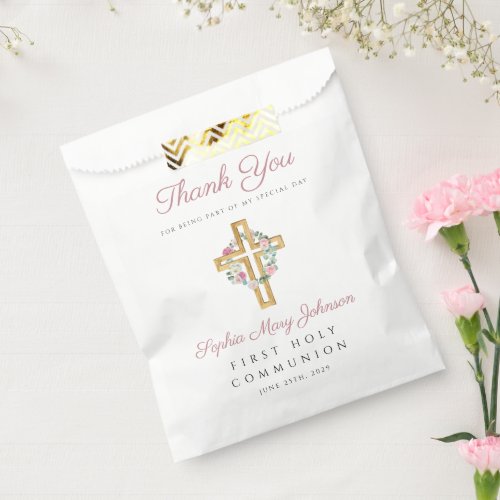 Pink Floral Wreath Cross Girl First Communion   Favor Bag