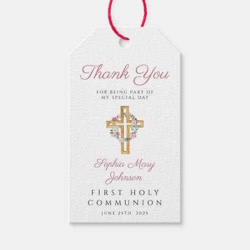 Pink Floral Wreath Cross Girl First Communion  Gift Tags