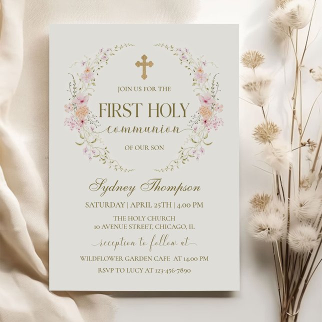Pink Floral Wreath Cross Girl First Communion Invitation (Creator Uploaded)