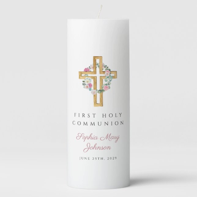 Pink Floral Wreath Cross Girl First Communion   Pillar Candle (Front)