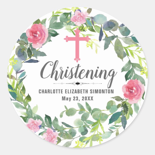 Pink Floral Wreath Cross Personalized Christening Classic Round Sticker (Front)