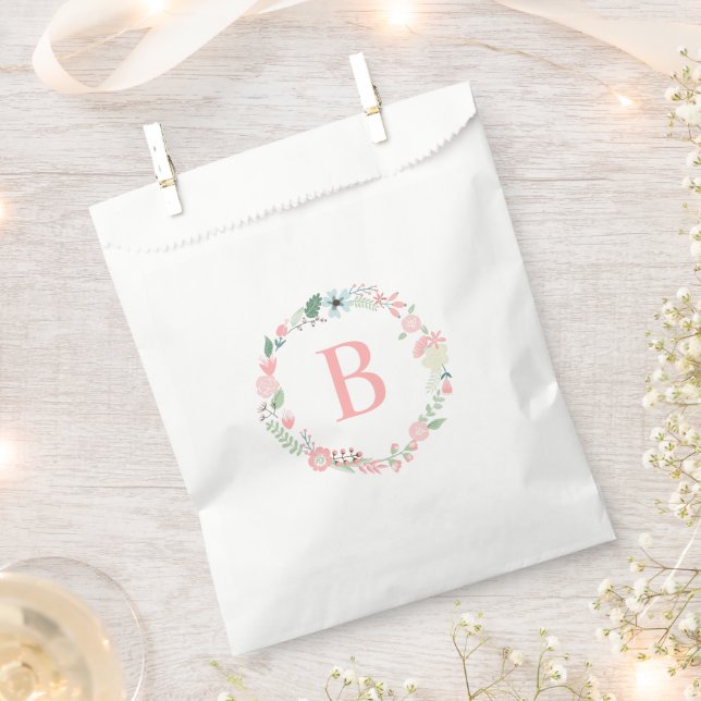 Pink Floral Wreath Custom Monogram Favor Bag (Clipped)