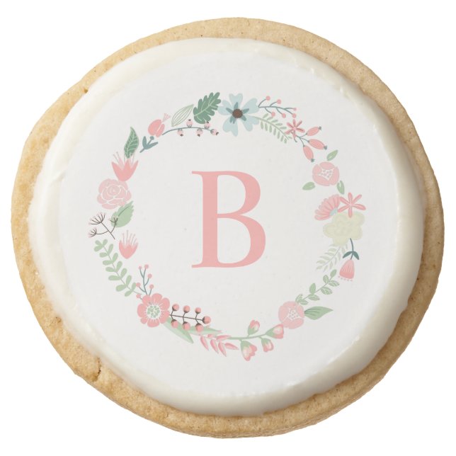 Pink Floral Wreath Custom Monogram Round Shortbread Cookie (Front)