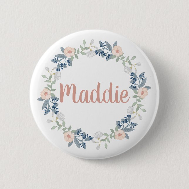 Pink Floral Wreath Custom Name Badge Button (Front)