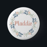 Pink Floral Wreath Custom Name Badge Button<br><div class="desc">Cute name badge for school or work</div>