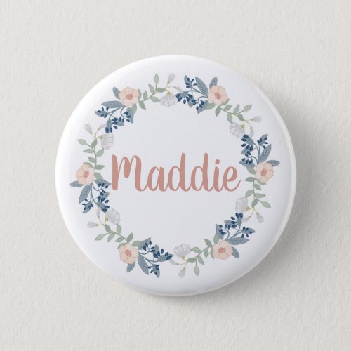 Pink Floral Wreath Custom Name Badge Button