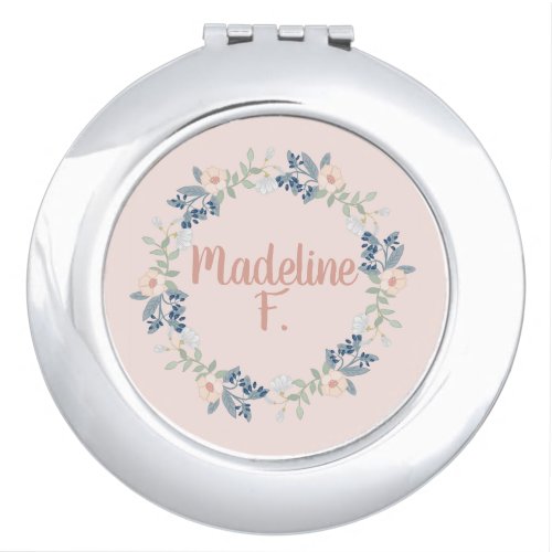 Pink Floral Wreath Custom Name Initial  Compact Mirror