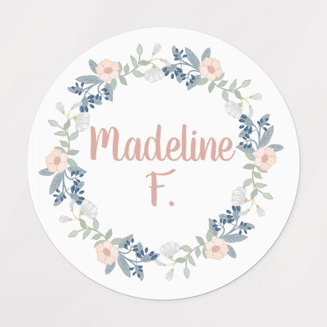 Pink Floral Wreath Custom Name Initial School  Labels (Design 1)