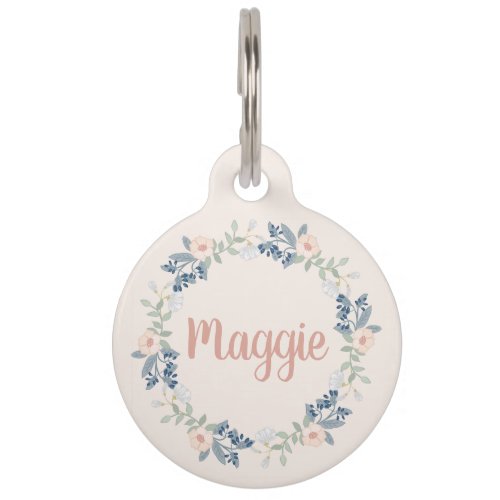 Pink Floral Wreath Custom Name Labels Dog Pet ID Tag