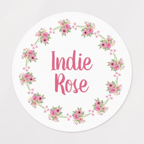 Pink Floral Wreath Custom Name School Labels