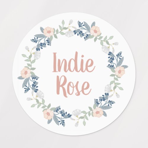 Pink Floral Wreath Custom Name School Labels