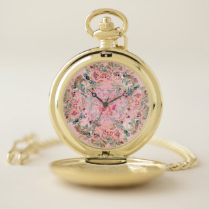 Pink Floral Wreath, Delicate Flower Circle Pocket Watch