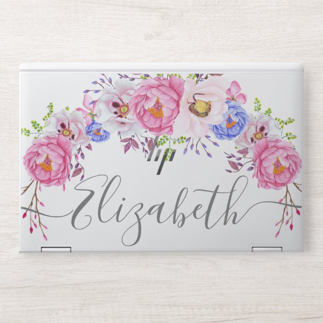 pink floral wreath elegant monogram HP laptop skin (Front)