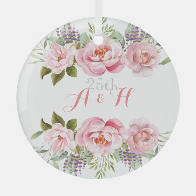 Pink Floral Wreath Elegant Wedding Anniversary  Glass Ornament (Front)