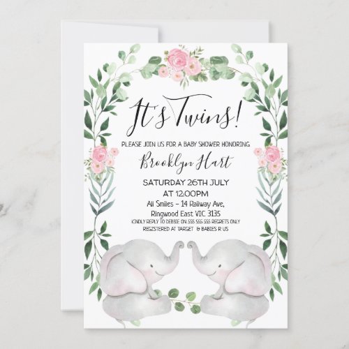 Pink Floral Wreath Elephants Twin Baby Shower Invitation