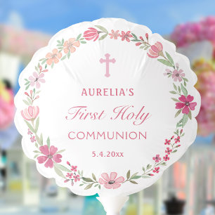 Pink Floral Wreath First Communion Balloon