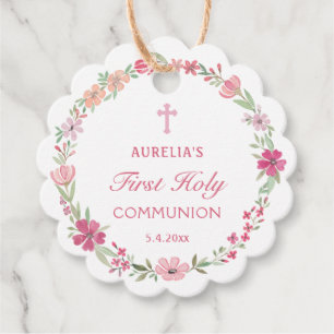 Pink Floral Wreath First Communion  Favor Tags