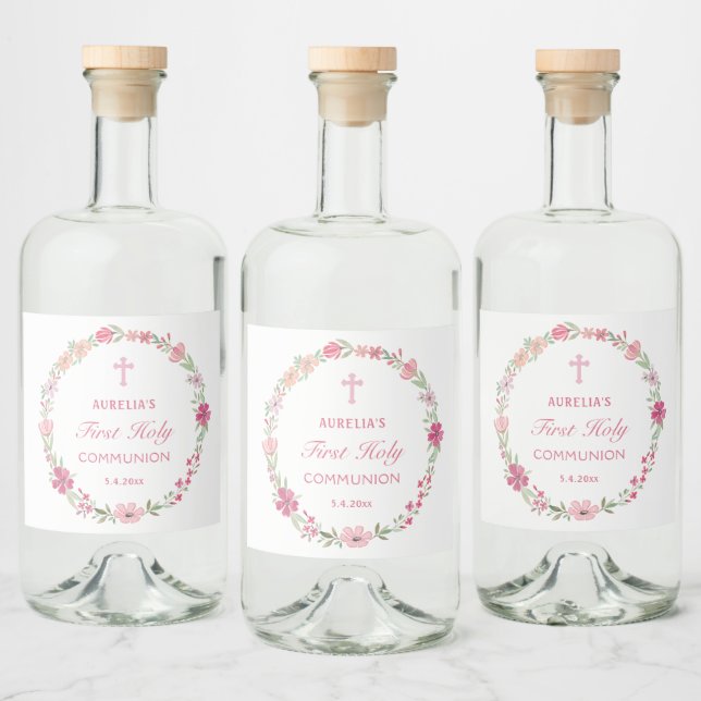 Pink Floral Wreath First Communion Liquor Bottle Label (Bottles)