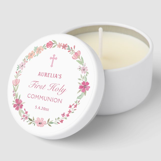 Pink Floral Wreath First Communion Mini Candle Favors (Corner)