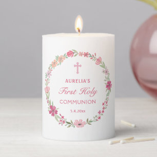 Pink Floral Wreath First Communion Pillar Candle