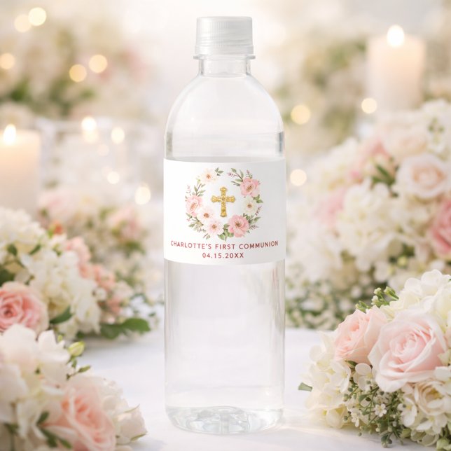 Pink floral wreath First Communion Water Bottle Label (Creator Uploaded)