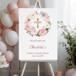 Pink floral wreath First Communion welcome Foam Board