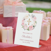 Pink floral wreath First Communion welcome