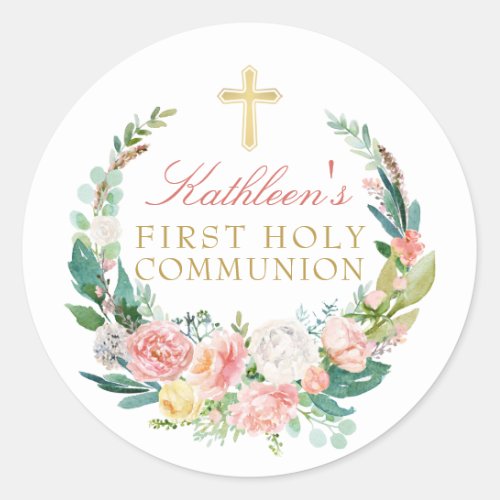 Pink Floral Wreath First Holy Communion Classic Round Sticker