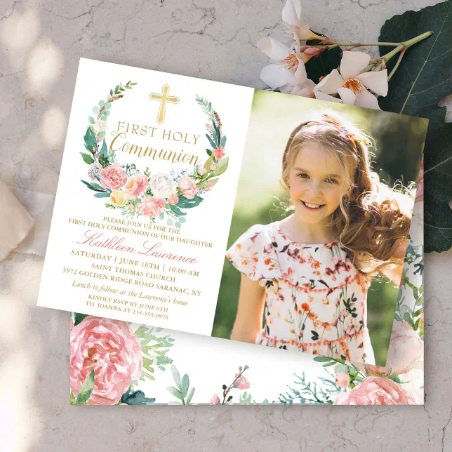 Pink Floral Wreath First Holy Communion Photo Invitation | Zazzle